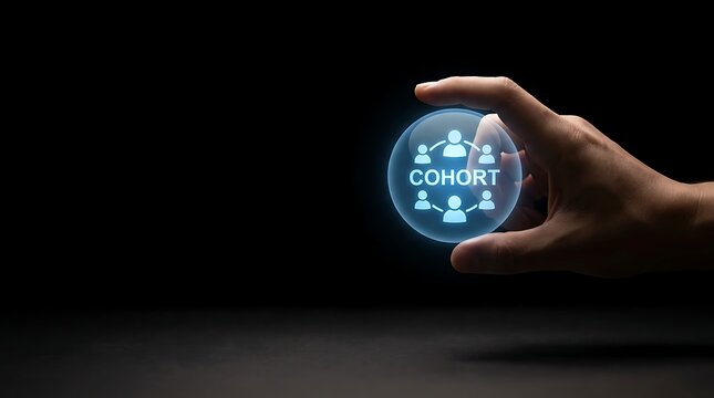 Business professional hand holding glowing digital cohort group network icon sphere