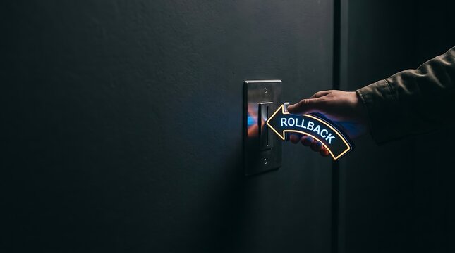 Human hand inserting glowing arrow symbol labeled rollback into metallic wall slot for system reset