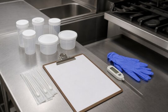 Food safety inspection kit on a stainless commercial kitchen counter, ideal for hygiene testing, restaurant compliance and quality control