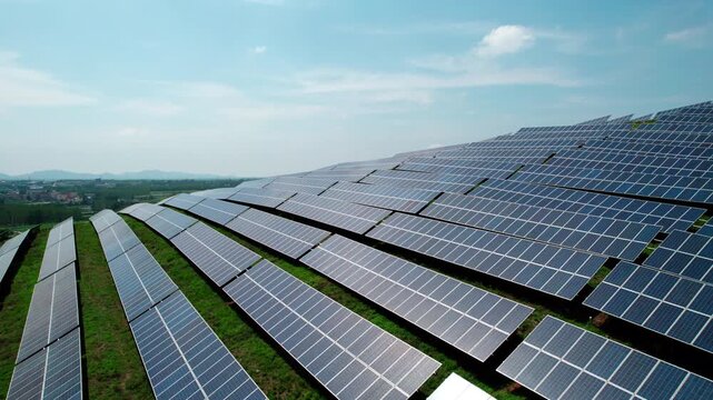 A large array of solar photovoltaic panels installed on grassy ground for renewable energy generation under a clear blue sky.