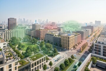 Obraz premium Smart city district with air quality sensors, green spaces and environmental data visualization representing urban health and intelligent pollution monitoring.