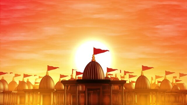Golden sunrise illuminates traditional temple architecture and waving sacred flags beneath a vibrant saffron sky. Perfect for faith, pilgrimage, worship, heritage cinema and festival introductions 4K.
