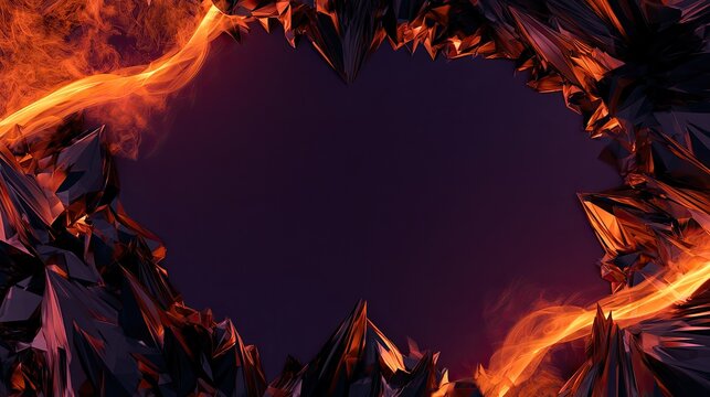 Fiery, sharp, dark crystal formation frame against a deep purple background