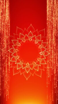 Intricate golden mandala surrounds a circular ruby copy space as shimmering glitter curtains cascade across a festive background. Perfect for Diwali greetings, wedding invitations and cultural events.