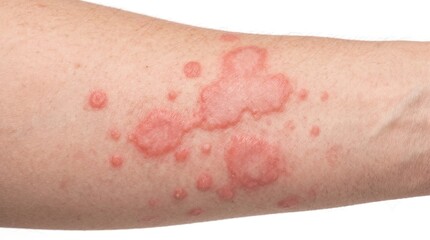 Fototapeta premium Red swollen hives rash and allergic reaction plaques on forearm skin