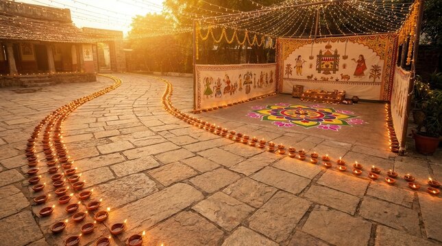 Traditional Indian courtyard illuminated with glowing oil lamps and colorful floor art for evening festival celebration
