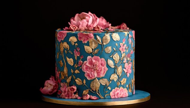 A teal cake adorned with intricate gold leaf and pink floral decorations