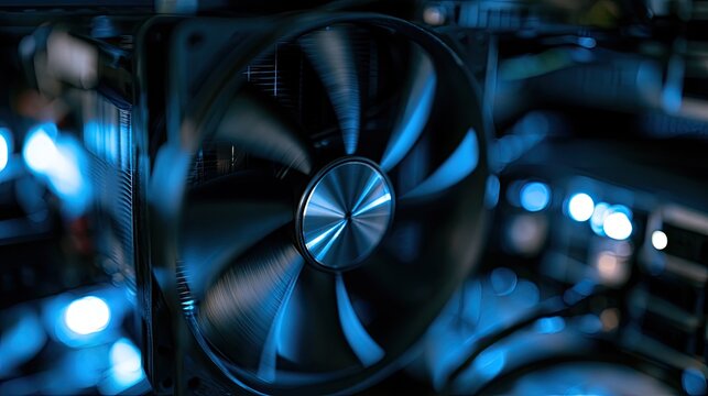Close-up of a spinning computer fan with vibrant blue LED lights illuminating it