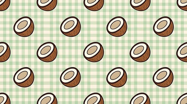 Seamless pattern with hand drawn coconut halves on a light green checkered background for summer tropical design