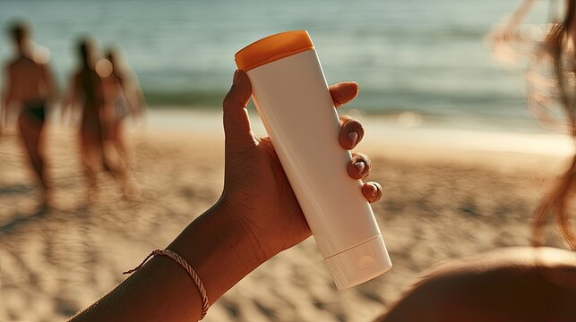 Hand holding white bottle of sunscreen on sandy beach with blurred people
