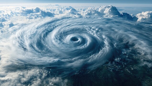 Massive swirling cloud formation from above with a calm eye at its center