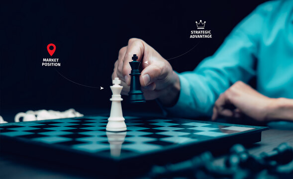 Business strategy concept with chess pieces showing market positioning, competitive advantage, leadership and strategic decision making for long-term business growth and success.
