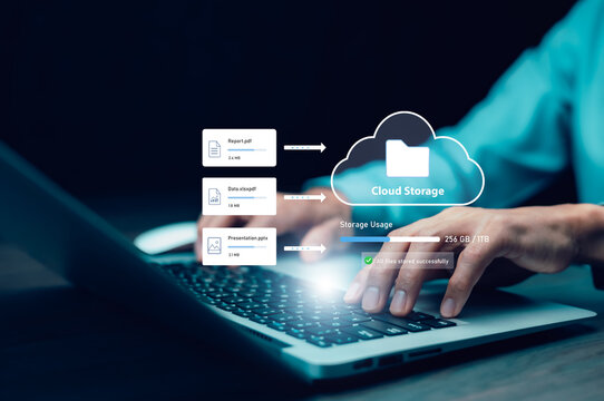 Cloud storage interface with document upload, file transfer and storage usage, representing online backup, data synchronization, digital file management and secure cloud computing.
