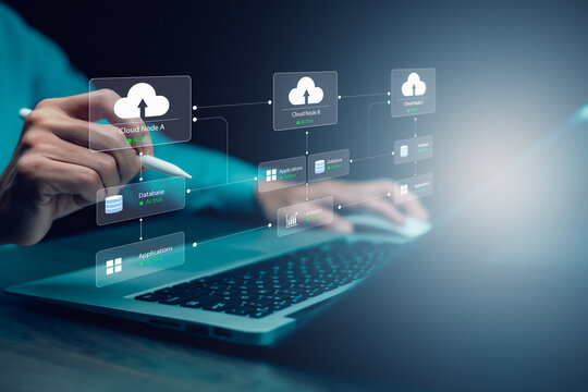 Cloud infrastructure with connected nodes, databases, applications and analytics, representing distributed computing, cloud architecture, data integration and enterprise network management.
