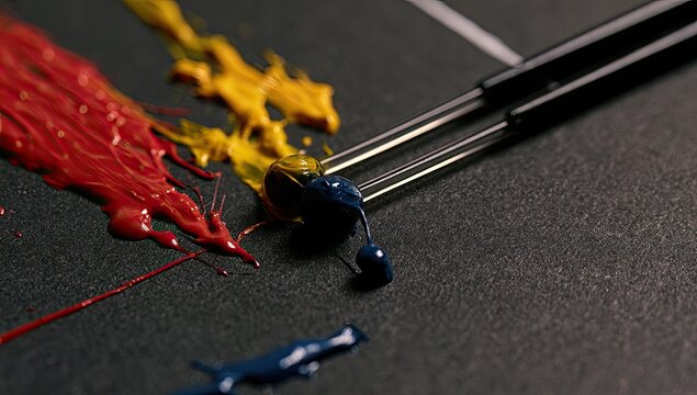 Close up of art brushes applying vibrant liquid paint to a textured surface