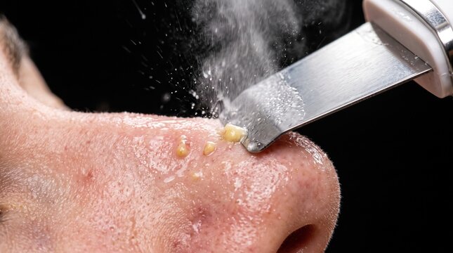 Ultrasonic skin scrubber extracting clogged pores whiteheads and pus on nose
