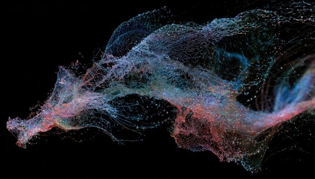 Ethereal cloud of vibrant, interconnected particles flowing on a dark background