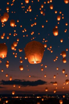 Numerous glowing orange sky lanterns float upwards against a dark twilight sky during a festival celebration