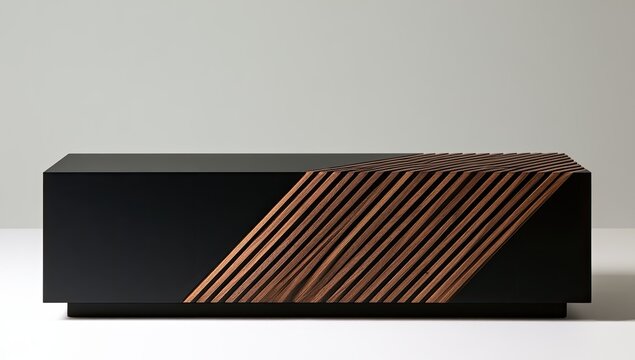 Modern black and wood slatted console with geometric pattern