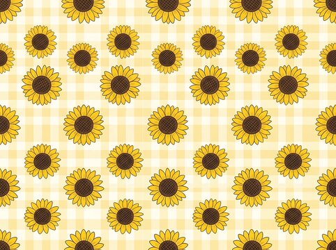 Seamless pattern of bright yellow sunflowers on a soft light yellow and white checkered gingham background