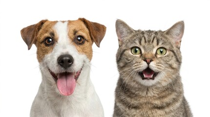 Fototapeta premium Happy Dog and Cat Friends Together on White Background.