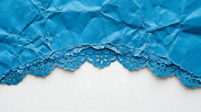 A vibrant blue crumpled paper texture with a decorative scalloped edge border on a white background
