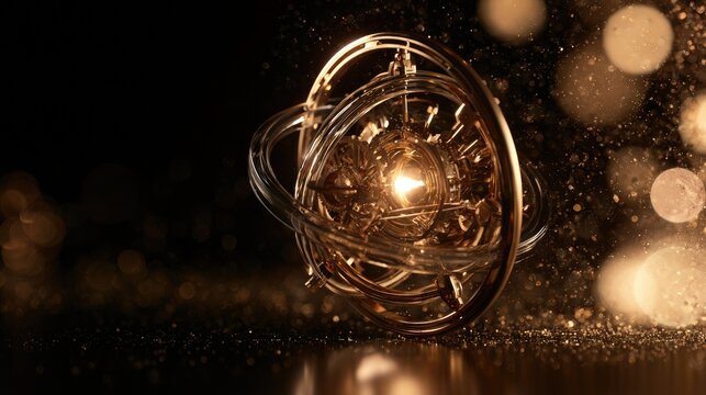 Intricate golden astrolabe or orrery glimmers amidst sparkling particles