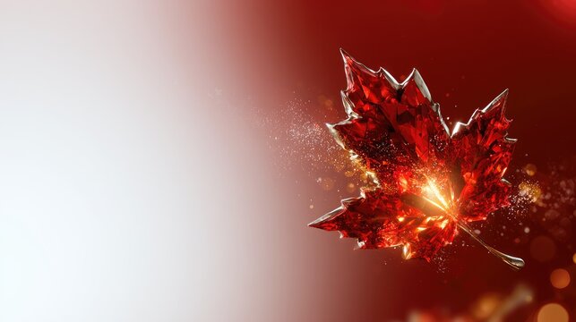 Fiery crystal leaf glows with shimmering particles against red gradient background