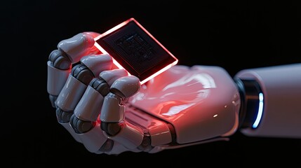 Naklejka premium Robotic hand holds glowing technological component against dark background