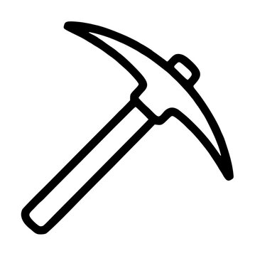 Hand-traced black pickaxe vector icon illustration featuring a sharp curved mining tool head with a sturdy wooden handle, depicted in a bold minimalist outline style on a transparent background for