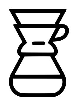 Minimalist hand-traced vector icon illustration of a pour-over coffee brewer with handle, featuring clean line art style and geometric conical shape perfect for modern cafe branding