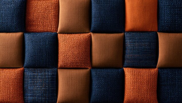 Geometric quilted fabric panels in warm earth and deep blue tones