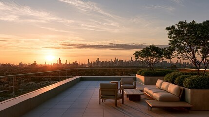 Fototapeta premium Rooftop terrace with city skyline at sunset, featuring modern furniture and landscaping