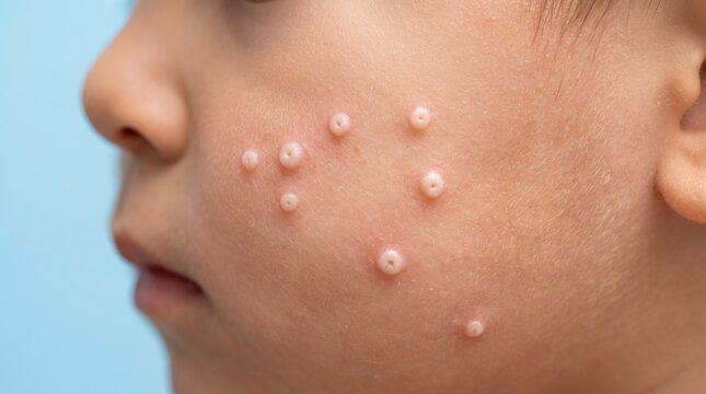 Molluscum contagiosum viral umbilicated papules on child cheek close-up