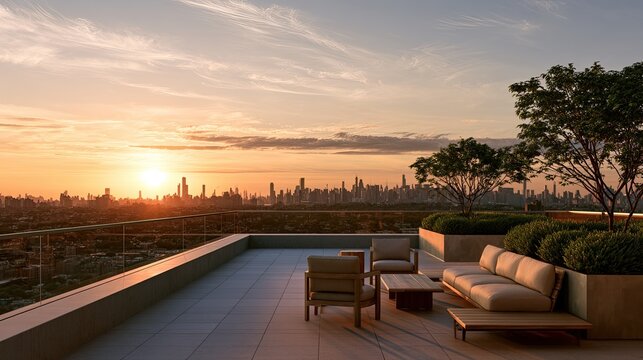 Rooftop terrace with city skyline at sunset, featuring modern furniture and landscaping