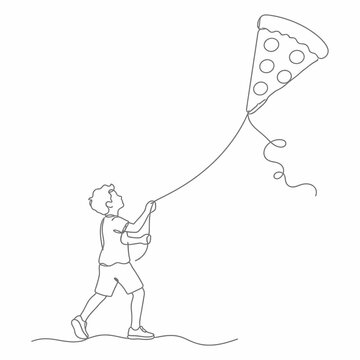 Minimalist continuous line drawing of a young boy flying a pepperoni pizza slice as a kite. Creative vector illustration of a child walking and holding a string attached to food art.