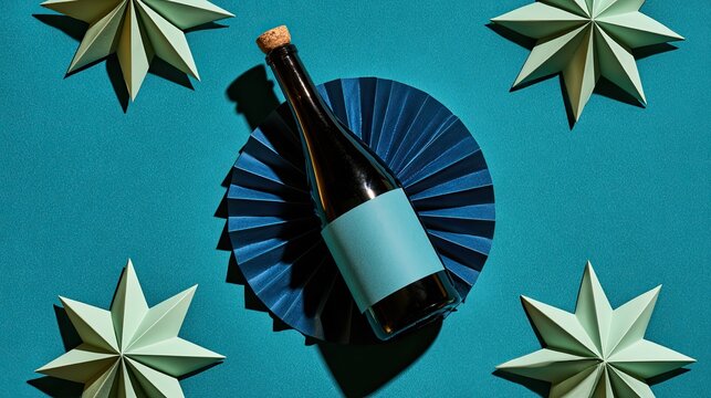 Festive bottle of bubbly with starbursts on teal background