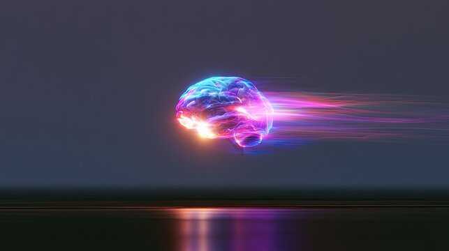 Glowing, abstract brain with streaks of vibrant light moving rapidly forward