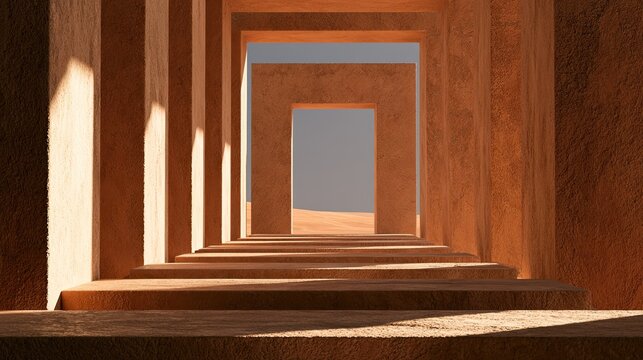 Sunlit desert corridor with repeating architectural frames and sandy landscape