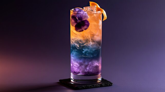 Vibrant layered cocktail with purple flower, ice, and orange peel garnish