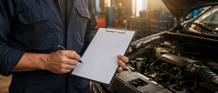 automotive technician holding a blank clipboard and pen beside an open car engine in an auto repair center, ready to complete a maintenance inspection report