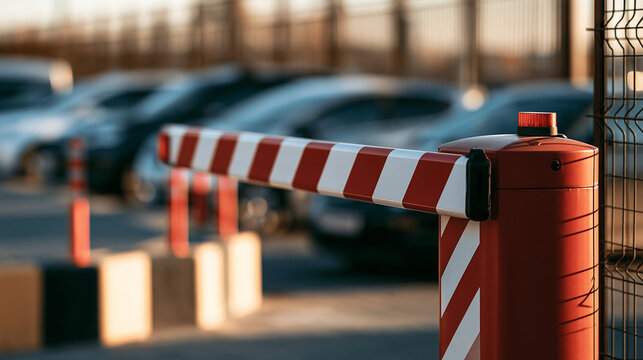 Red and white automatic parking barrier gate closed at a car parking lot during sunset. Perfect for security and access control concepts.