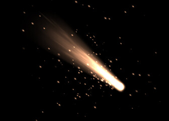 Bright glowing comet meteor flying with tail and sparks isolated on dark background © RestartDesign