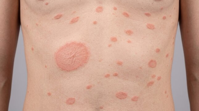 Pityriasis rosea rash showing herald patch and secondary scaly oval plaques on male torso