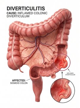 Medical Illustration of Diverticulitis with Inflamed Colonic Diverticulum in the Sigmoid Colon