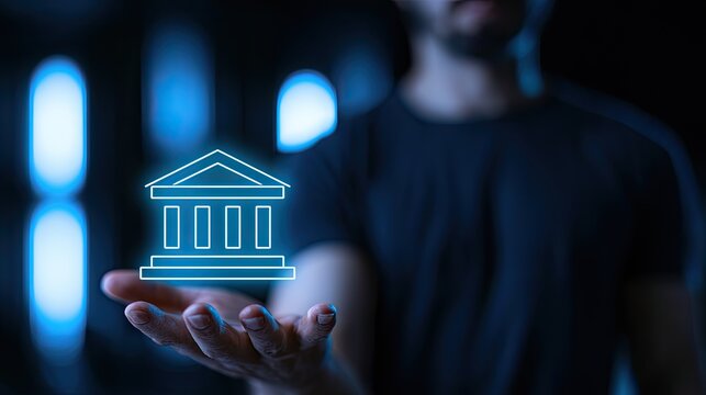 A person's outstretched hand displays a glowing, futuristic building icon