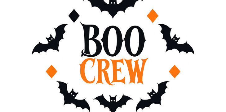 Halloween boo crew text design with cute black bats and orange diamond shapes on white background vector illustration graphic halloween typography background celebration seasonal