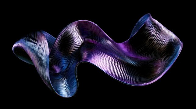 Iridescent, metallic ribbon twists and flows on a dark background
