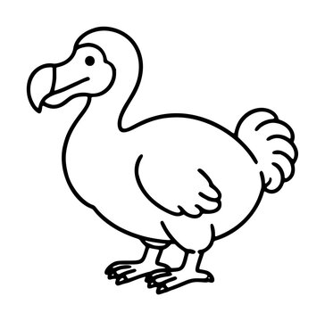 Hand-drawn cartoon dodo bird vector icon illustration, charming black outline sketch of an extinct flightless bird with a large curved beak, fluffy plumage, and sturdy feet, isolated on white