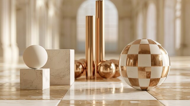 Geometric forms in opulent marble hall with golden accents